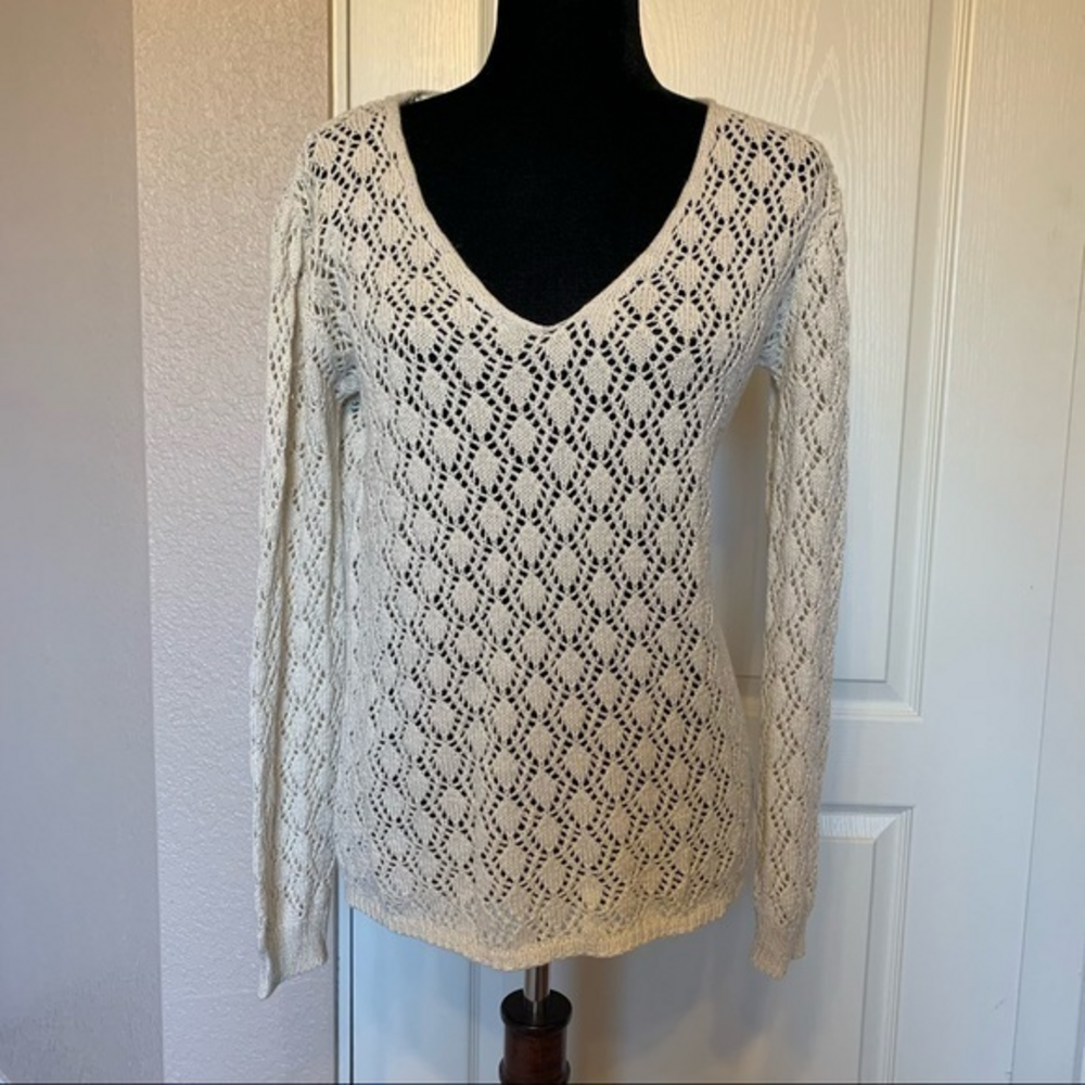 Ayla Coastal Grandma Crochet V Neck Sweater Size Small